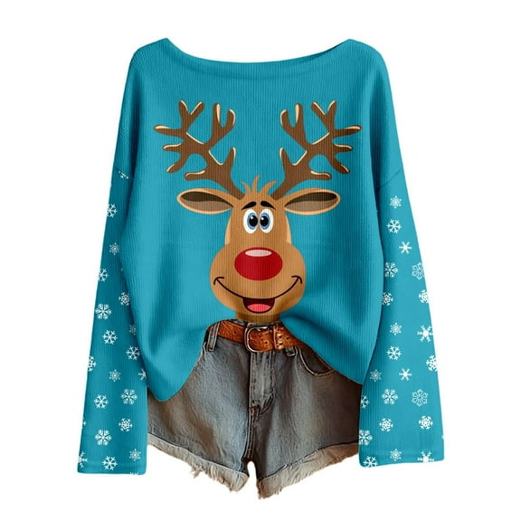 Fiaer Christmas Long Sleeve Shirts for Women Oversized Reindeer Snowflake Knit Tops Crew Neck Loose Fit Funny Graphic Fashion T Shirts Sky Blue XL