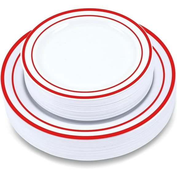 60 Pieces White Plastic Disposable Plates - Premium Heavy-Duty 30 Dinner Plates & 30 Salad Plates with Red Rim Ideal for Party, Birthday and Special Events Red 60 (30 Dinner, 30 Salad)