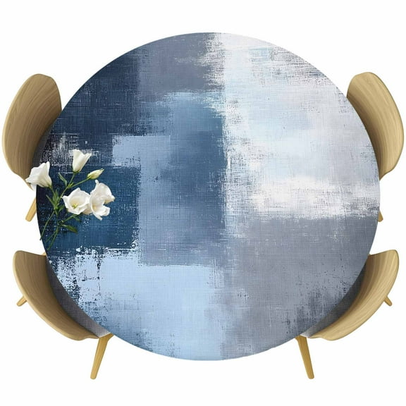 Navy Blue Grey Round Tablecloth 45-54 Inch Round Fitted Table Cloth with Elastic Edge, Modern Ombre Oil Painted Abstract Art Waterproof Table Cover Protector for Outdoor Picnic Party Dining
