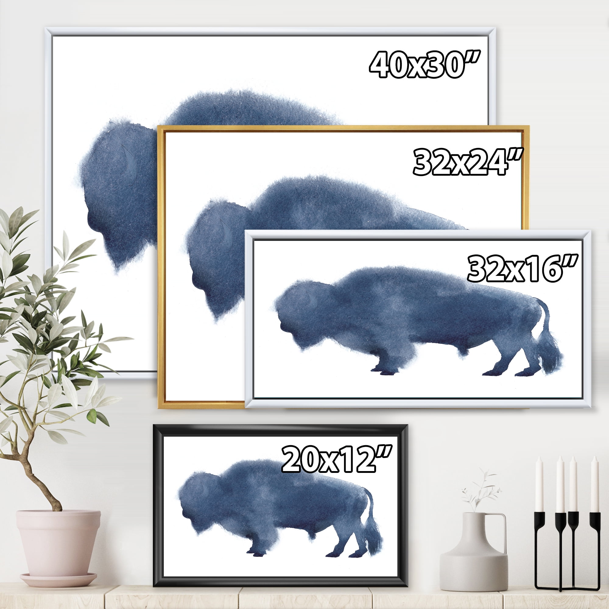 Designart 'Navy Blue Bison Silhouette On White' Farmhouse Framed Canvas Wall Art Print