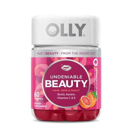 OLLY Undeniable Beauty Gummy, 30 Day Supply (60 Gummies), Grapefruit Glam, Biotin, Vitamin C, Keratin, for Hair, Skin, Nails, Chewable Supplement
