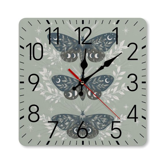 RKSupls 1010inch Square Silent Wall Clock Wooden Frame, Three Lunar Moths Scale Decorative Clock for Home Bedroom Living Room Office