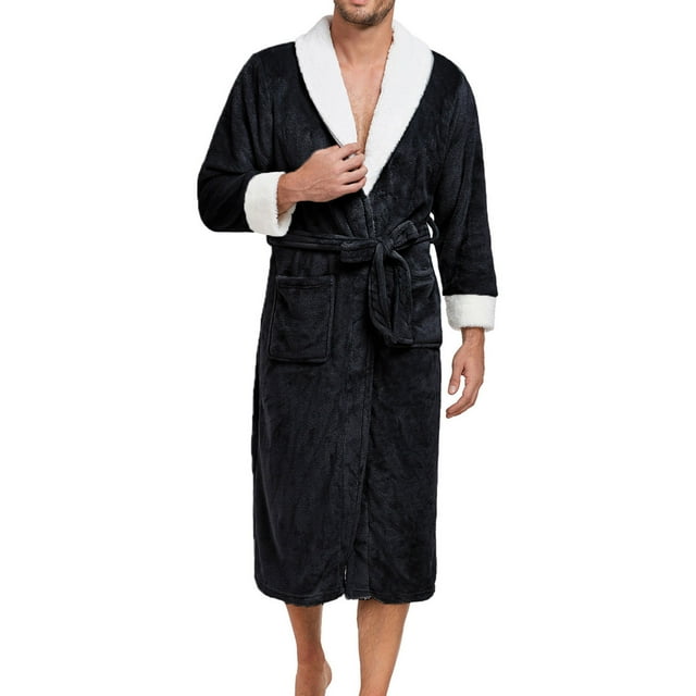 Men's Solid Color V-Neck Long Sleeve Pajama Robe with Pockets and Binding Rope - Comfortable Polyester Loungewear for Home