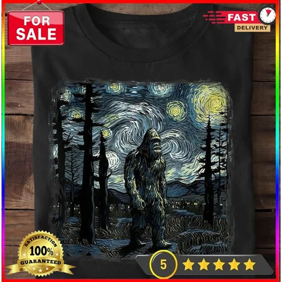 Hot Trending With Starry Night Bigfoot T-Shirt, Bigfoot Starry Night Shirt, Bigfoot Sasquatch Birthday Gifts; For Men & Women
