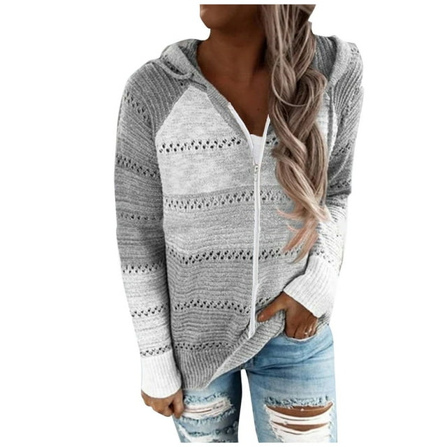 2025 Cardigan pour Femmes Femmes Décontracté Patchwork Sans Manches Cardigans pour Femmes Léger Manches Longues Chandail à Capuche Cardigans Ouverts pour Femmes Grande Taille