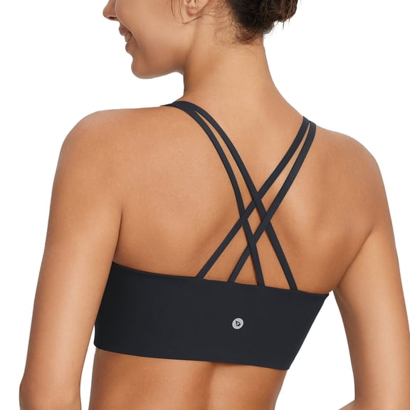 BALEAF Nuleaf Sports Bras for Women, Strappy Longline Yoga Padded Bras, High Impact Molded Cups Workout Crop Top Black M