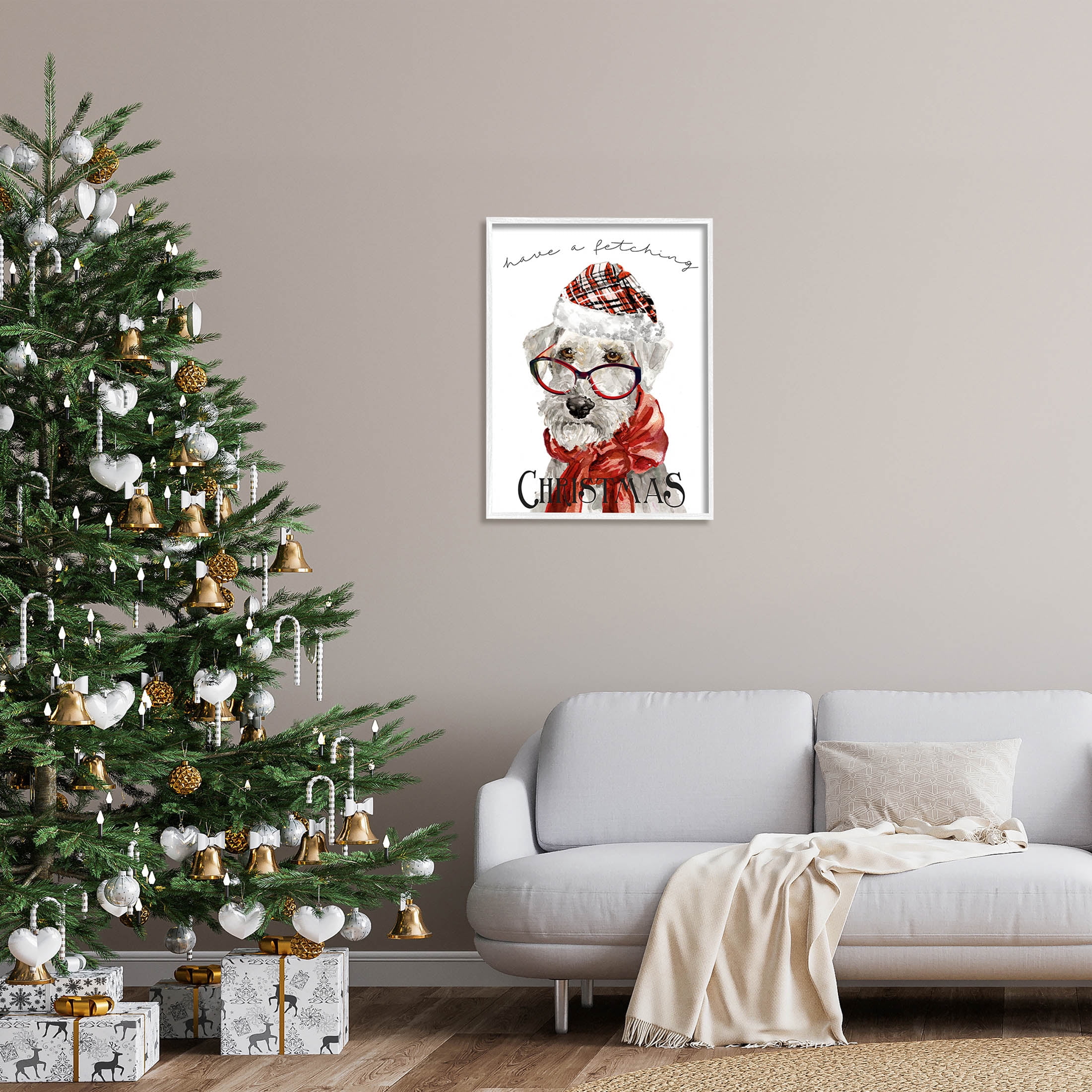 Stupell Industries Have a Fetching Christmas Dog Graphic Art White Framed Art Print Wall Art, Design by Livi Finn