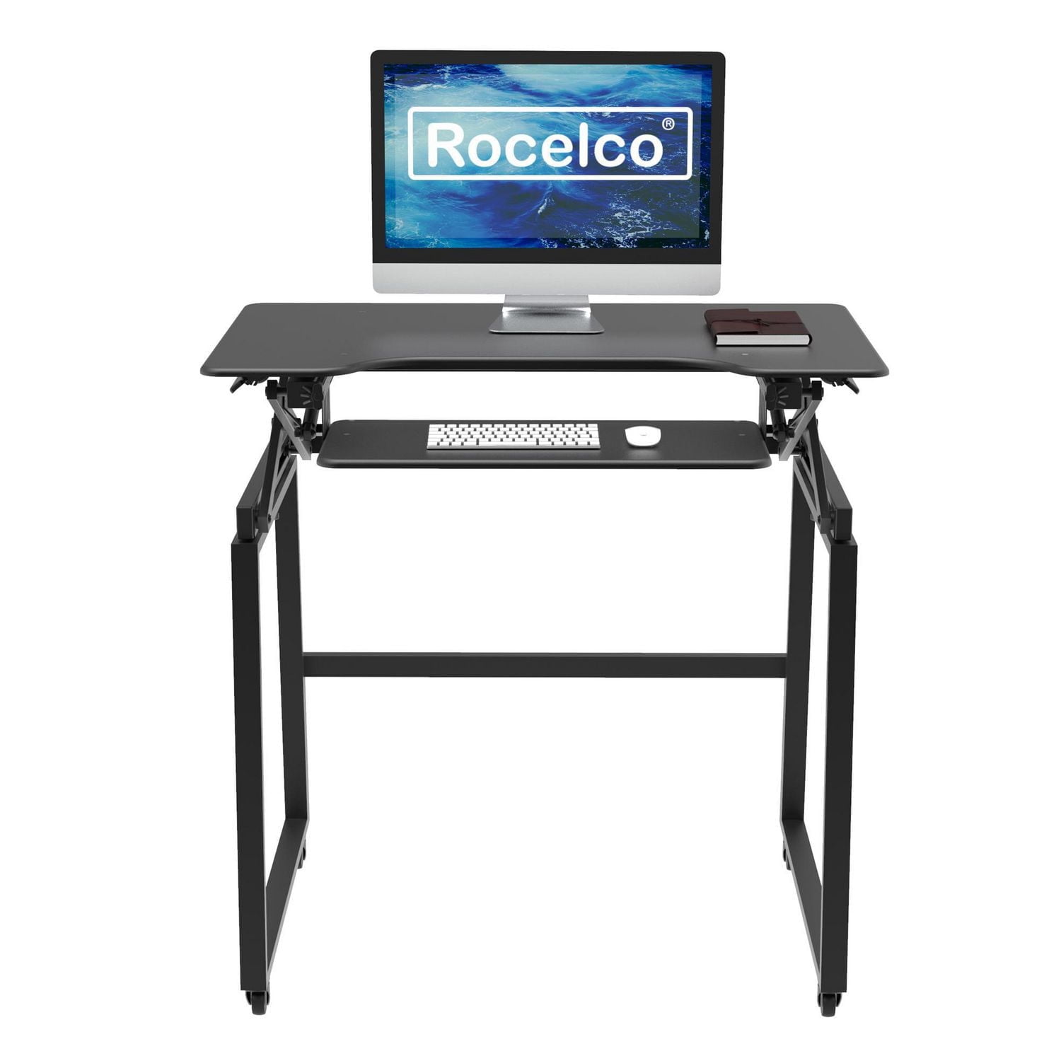 Rocelco 40 "Bureau debout mobile de grande taille réglable en hauteur BUNDLE - Montant pour moniteur double assis-debout roulant - Station de travail assistée par ressort à gaz - Plateau pour clavier