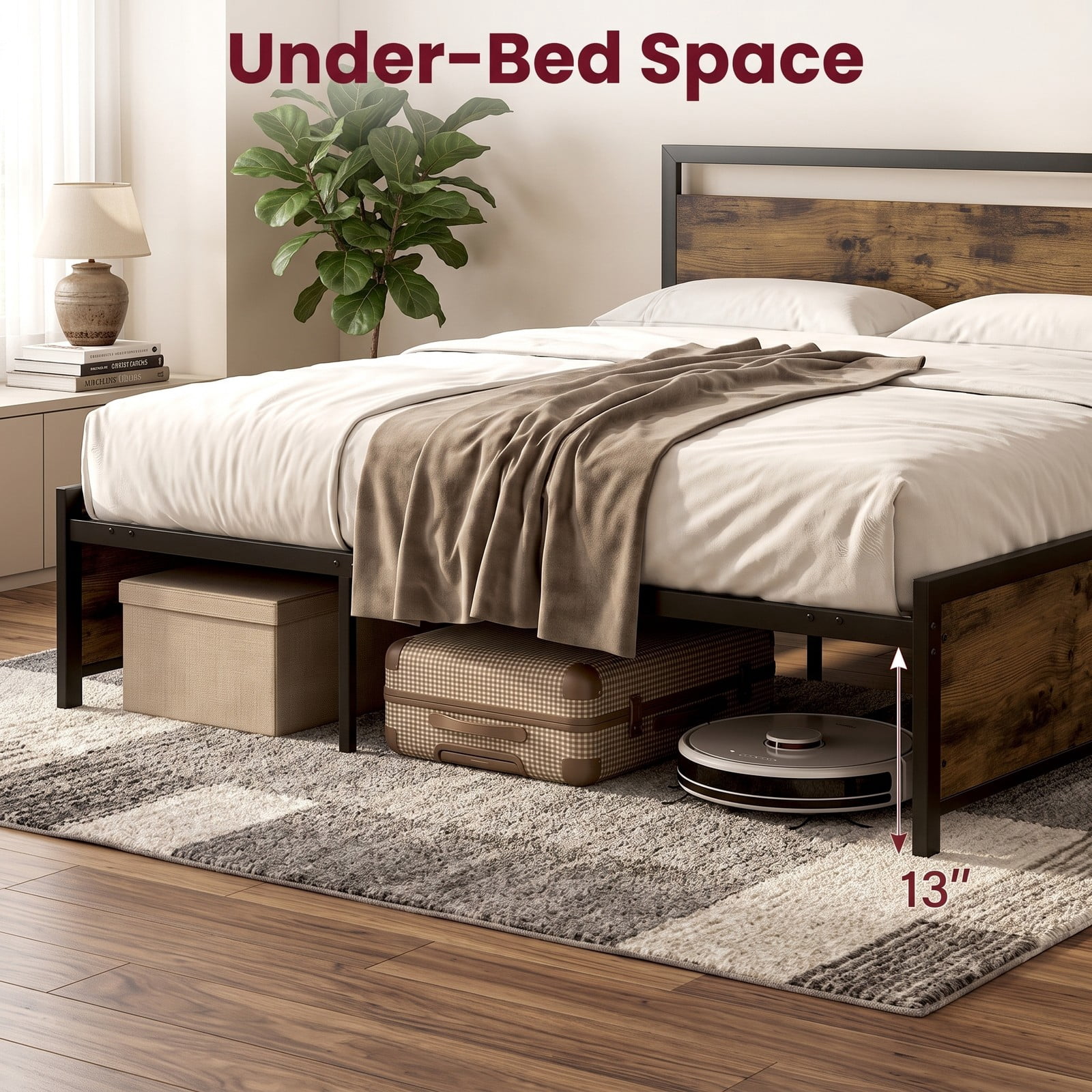 Furnibear King Size Bed Frame with Storage Headboard, LED Platform Bed Frame with Power Outlets and USB Ports, No Box Spring Needed, Rustic Brown