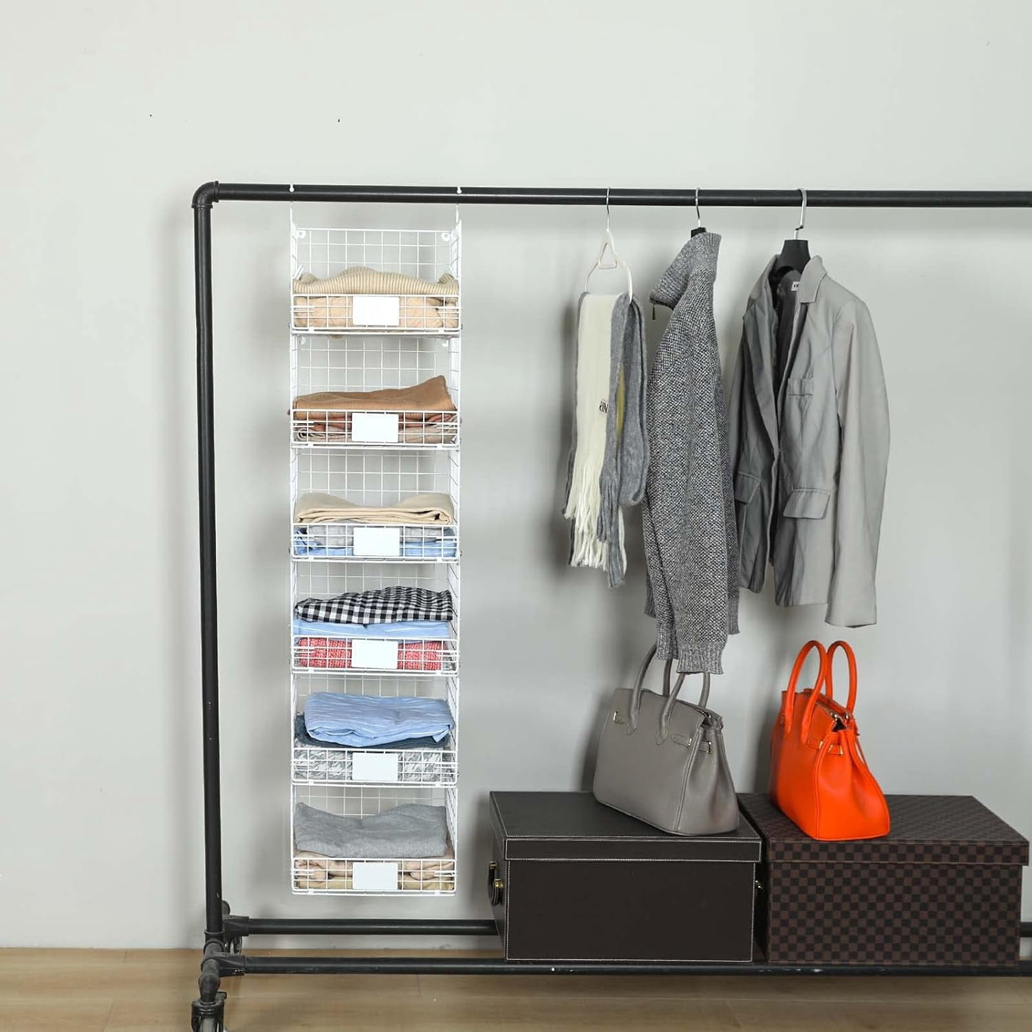 X-cosrack 6-Tier Hanging Closet Organizer With Hooks & Baskets - Foldable Storage For Clothes, Shoes, Accessories