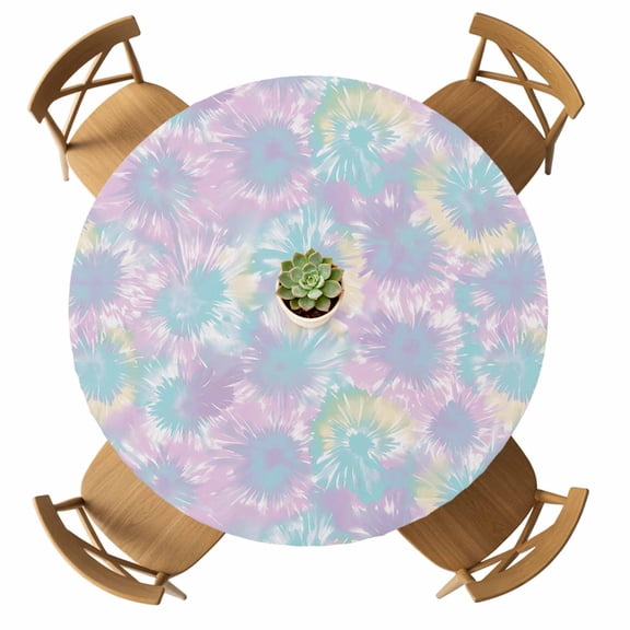 Round Fitted Tablecloth with Elastic Tie Dye Tablecloths Waterproof Oil Proof Ombre Boho Abstract Art Table Cover for Kitchen Dinner Holiday Party Picnic Fits Tables up to 36"- 44" Diameter