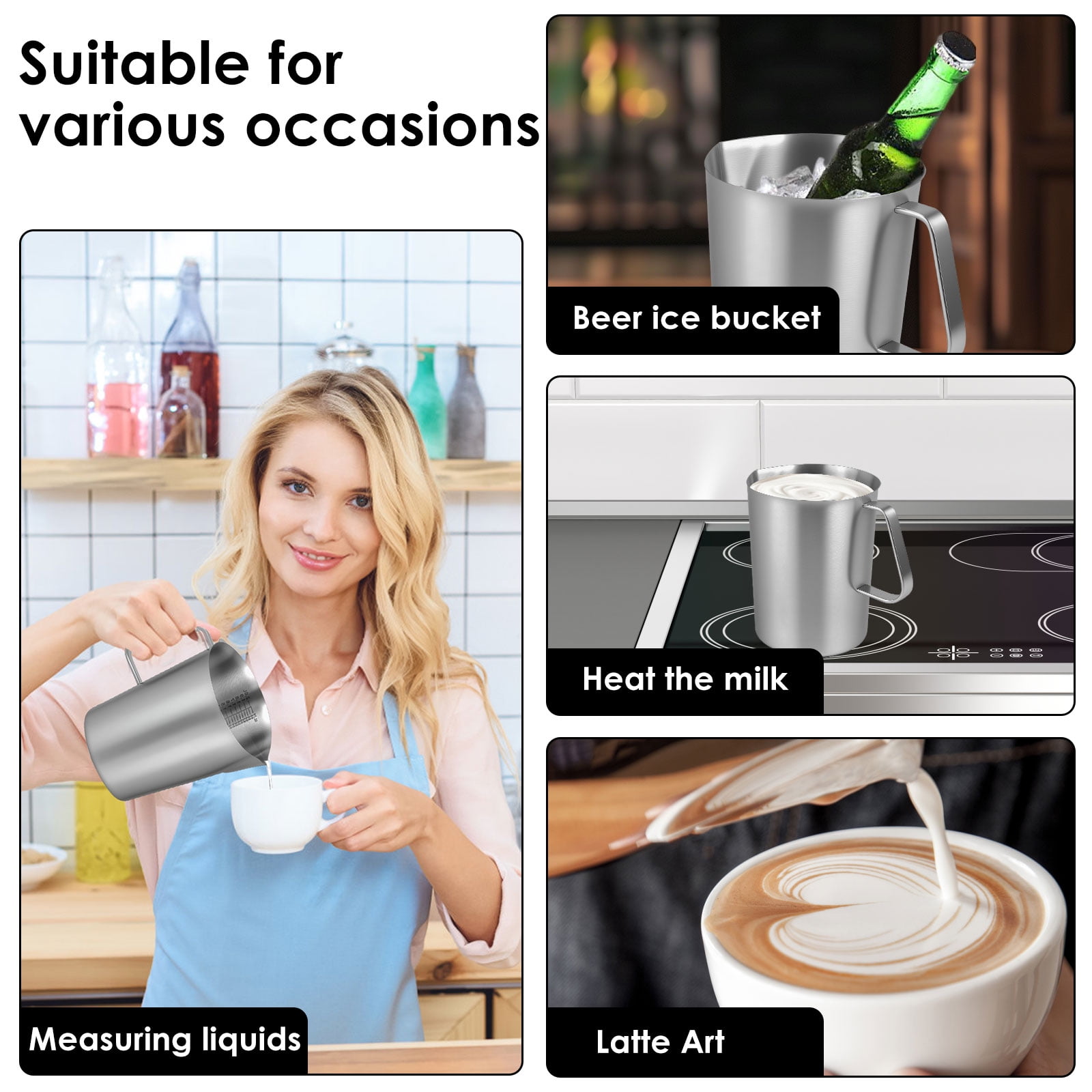 Stainless Steel Measuring Cup 70 oz Milk Frothing Pitcher with Lid, 2L Metal Water Jug Carafe with Engraved Markings for Coffee Espresso Machine