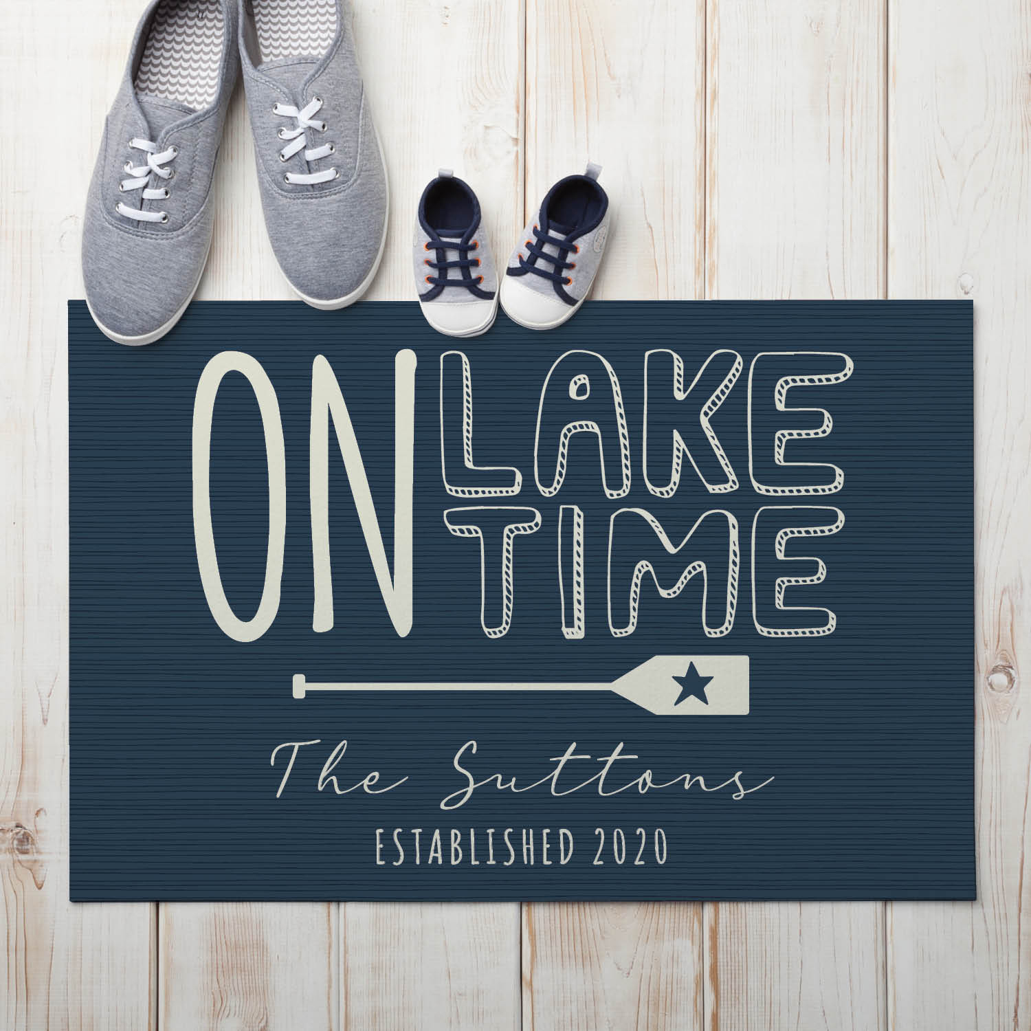 Personalized Planet 27x18 On Lake Time Doormat with Custom Personalization Printed on Blue Rectangular 1/4” Thick Non Slip Mat for Kitchen Hallway Deck or Porch