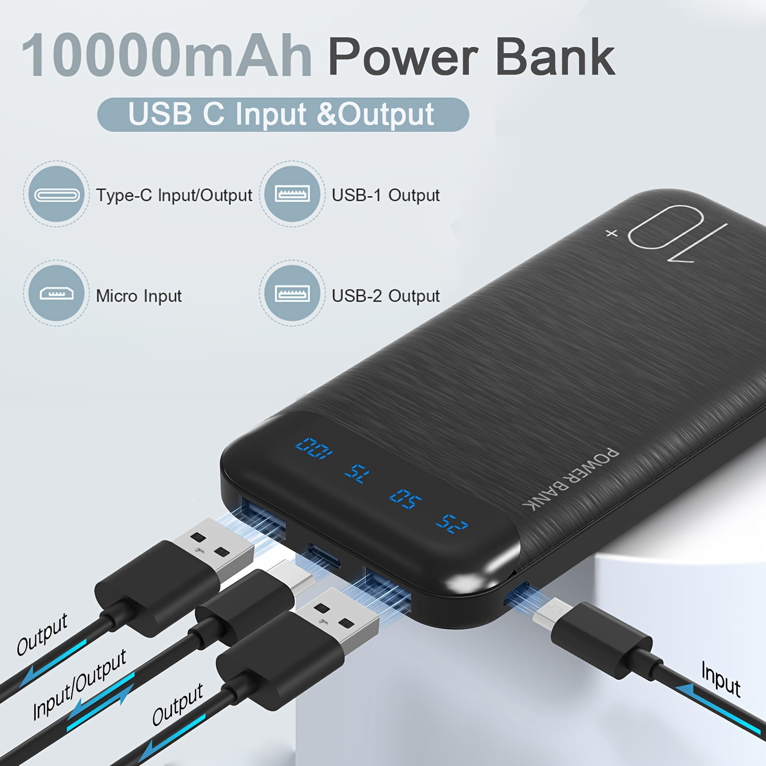 Set of Two Portable Power Banks with a Capacity of 10000Mah, Featuring Slim Design, USB C Input And Output, LED Display, And Lightweight Construction, Suitable for Apple, Android Phones, And More