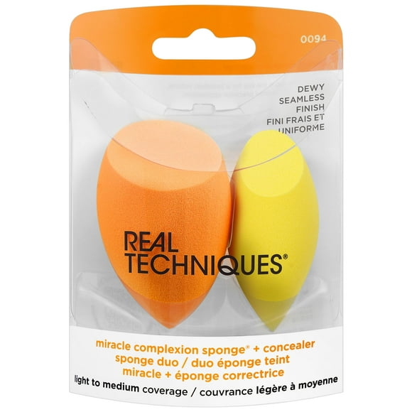 Real Techniques Miracle Complexion Sponge + Concealer Sponge Duo, Makeup Blending Sponges For Foundation & Concealer, Offers Light To Medium Coverage, Natural, Dewy Makeup, Latex-Free Foam 2 Count