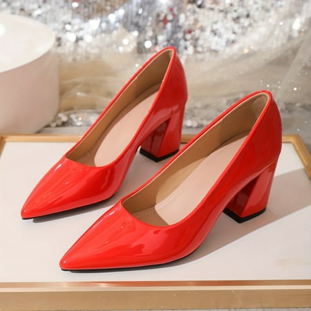 

DONGGTGDZ Stylish Women‘s Chunky Heel Slip On Patent Leather Pumps for Fashionable Ladies Comfortable All-match Solid Color Office Work Dress Shoes