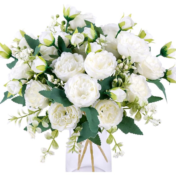 paquetes de flores artificiales de peonía, flores blancas, peonías de seda
