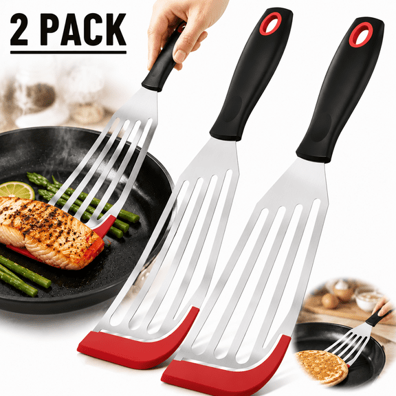 Genreen 2 Pack Fish Spatula Turner, Heat Resistant Silicone Edge Slotted Fish Spatulas for Nonstick Cookware, Flexible and Thin Stainless Steel Kitchen Cooking Spatula Flipper for Fish, Egg, Pancake