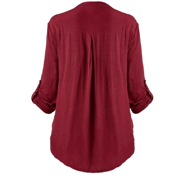 Sexy Dance Ladies Blouse Button Up Shirts Long Sleeve Tops Mid Length Tunic  Shirt V Neck Wine Red L