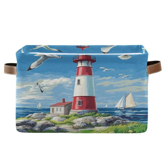 WOBOGO Coastal Lighthouse Square Storage Basket with Waterproof Canvas and PE Lining Durable PU Leather Handles 14.2×10.2×8.3in