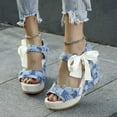 thumbnail image 2 of Lovskoo 2024 Women's Boho Wedge Sandals Open Toe Ankle Strap Summer Platform Bow Lace-Up Beach Sandals Blue, 2 of 8