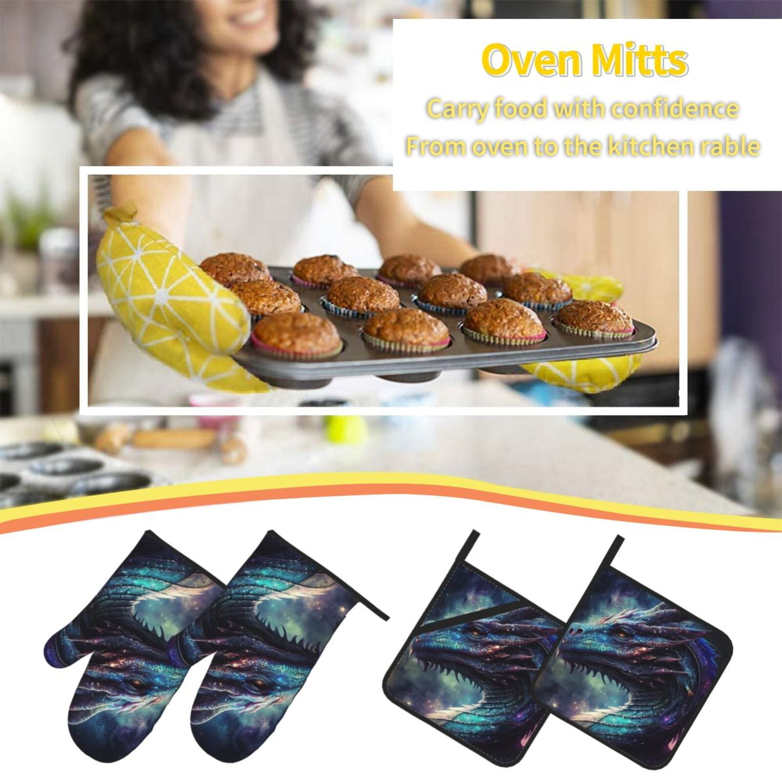 Dragon Cool Art Galaxy 4Pcs Oven Mitts and Pot Holders Sets Oven Kitchen Gloves Hot Pads for Cooking BBQ Baking Grilling