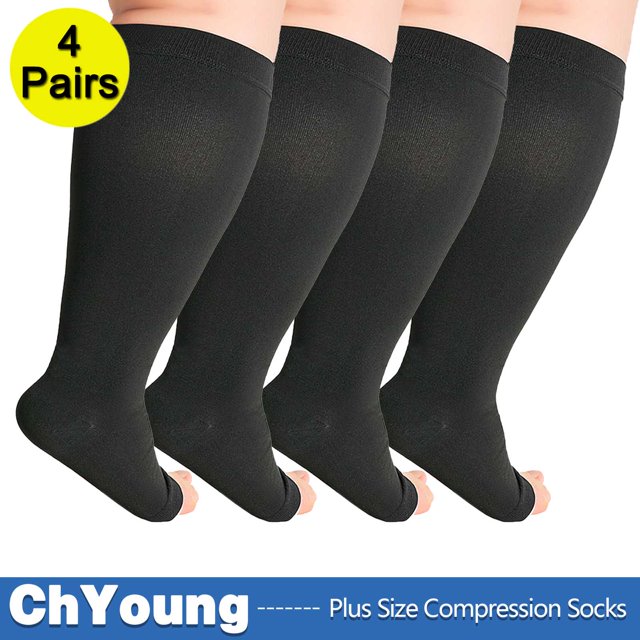 (4 Pack) Toeless Plus Size Compression Socks Extra Wide Calf Up to