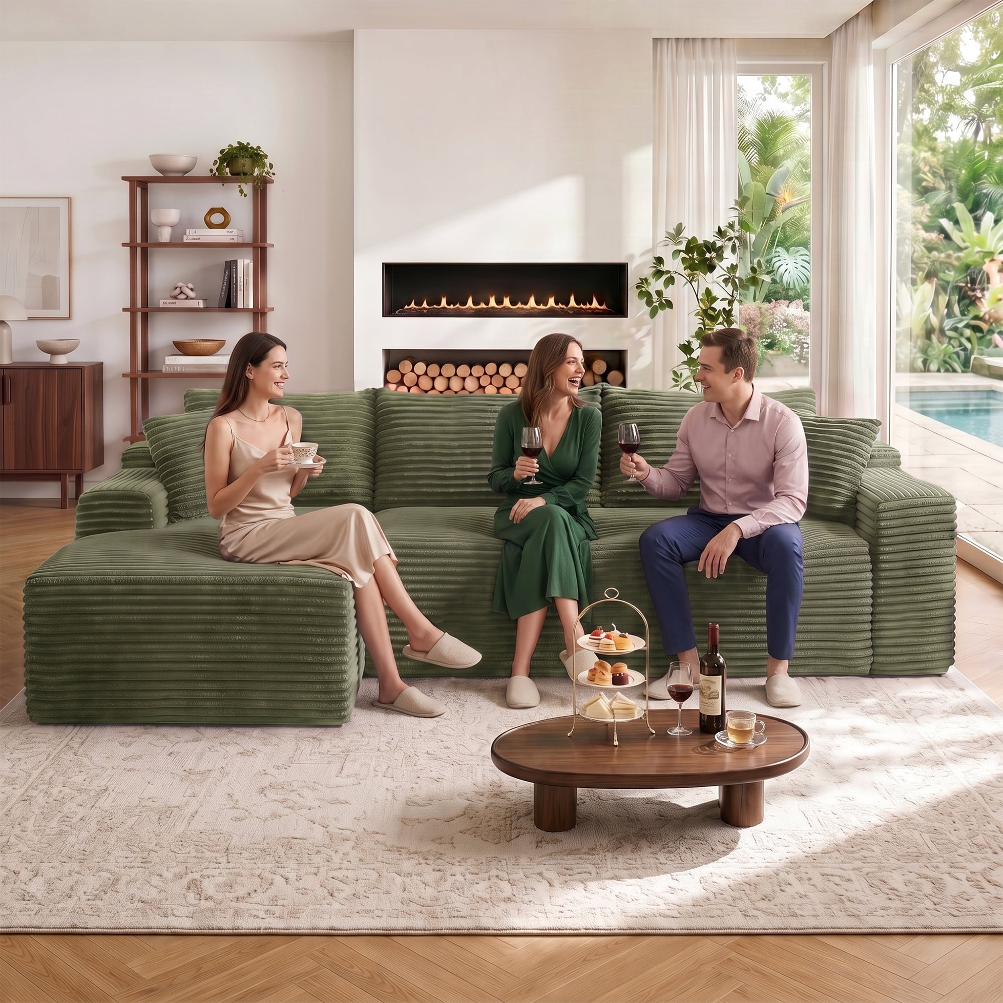 Aukfa 107" Boneless Modular Sectional Sofa, L-Shaped Corduroy Couch with Deep Seat and Left-Facing Chaise for Living Room, Green