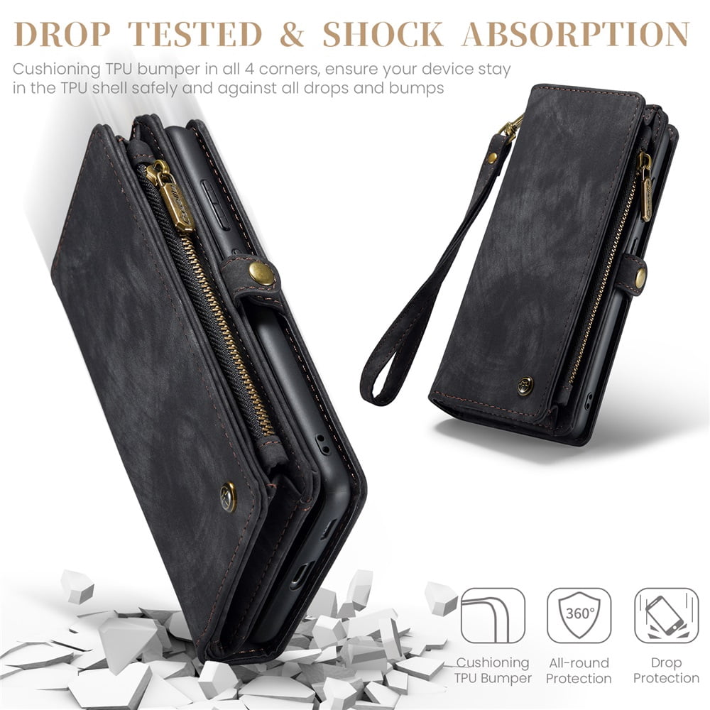 CaseMe Leather Case for Samsung Galaxy S23 FE 5G,2 in 1 Detachable Wallet Case with 8-Card Holder Zipper Bills Slot,Magnetic Shockproof Flip Leather Cover Zipper Pocket Phone Cases,Black