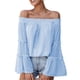 thumbnail image 2 of Blusa casual para mujer, Tops con mangas acampanadas y hombros descubiertos, blusas sueltas de verano, rendimiento sólido, 2 of 6