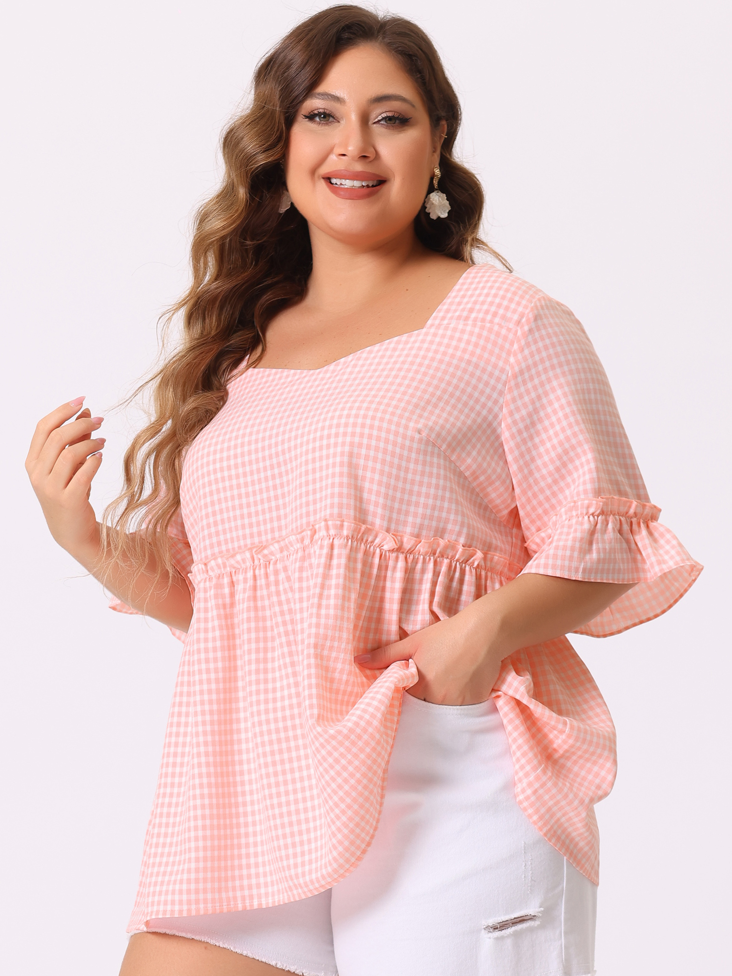 DARING DIVA Women's Plus Size Gingham Sweetheart Neck Ruffle Sleeve Blouse 2X Pink