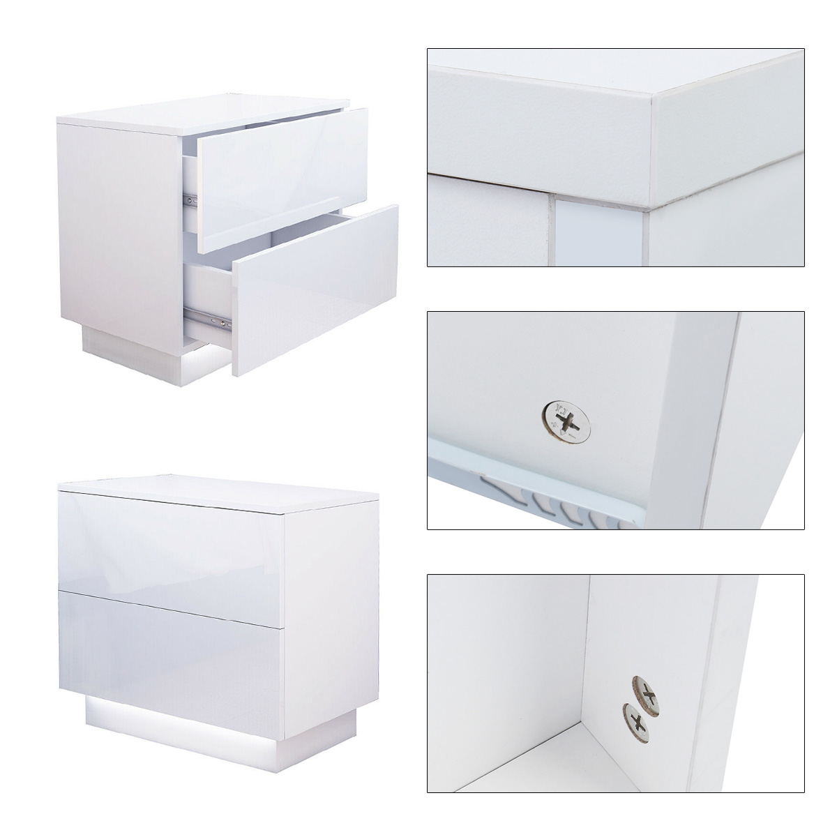 2 Drawers LED Nightstand with Remote Control, Bedside End Table Organizer - High Gloss White / Black Finish - image 3 of 8