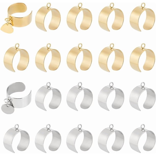 20 piezas de 2 colores 304 anillos de acero inoxidable ajustables abiertos anillos de puño componentes de anillo de encanto base de anillo de metal con anillos de dedo de bucle