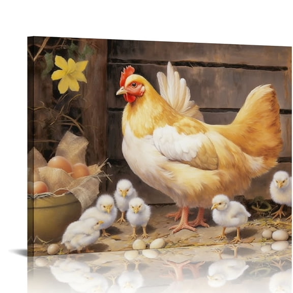 Acheng Farmhouse Wall Art Rooster Print: Hen Painting Small Born Chicks Picture Barnyard Birds Vintage Wood Framed Canvas Artwork for Kitchen Decor Easy Hanging  20x16in