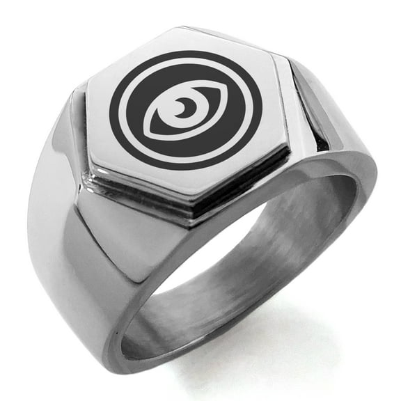Tioneer Stainless Steel Telekinesis Element Rune Engraved Hexagon Crest Flat Top Biker Style Polished Ring