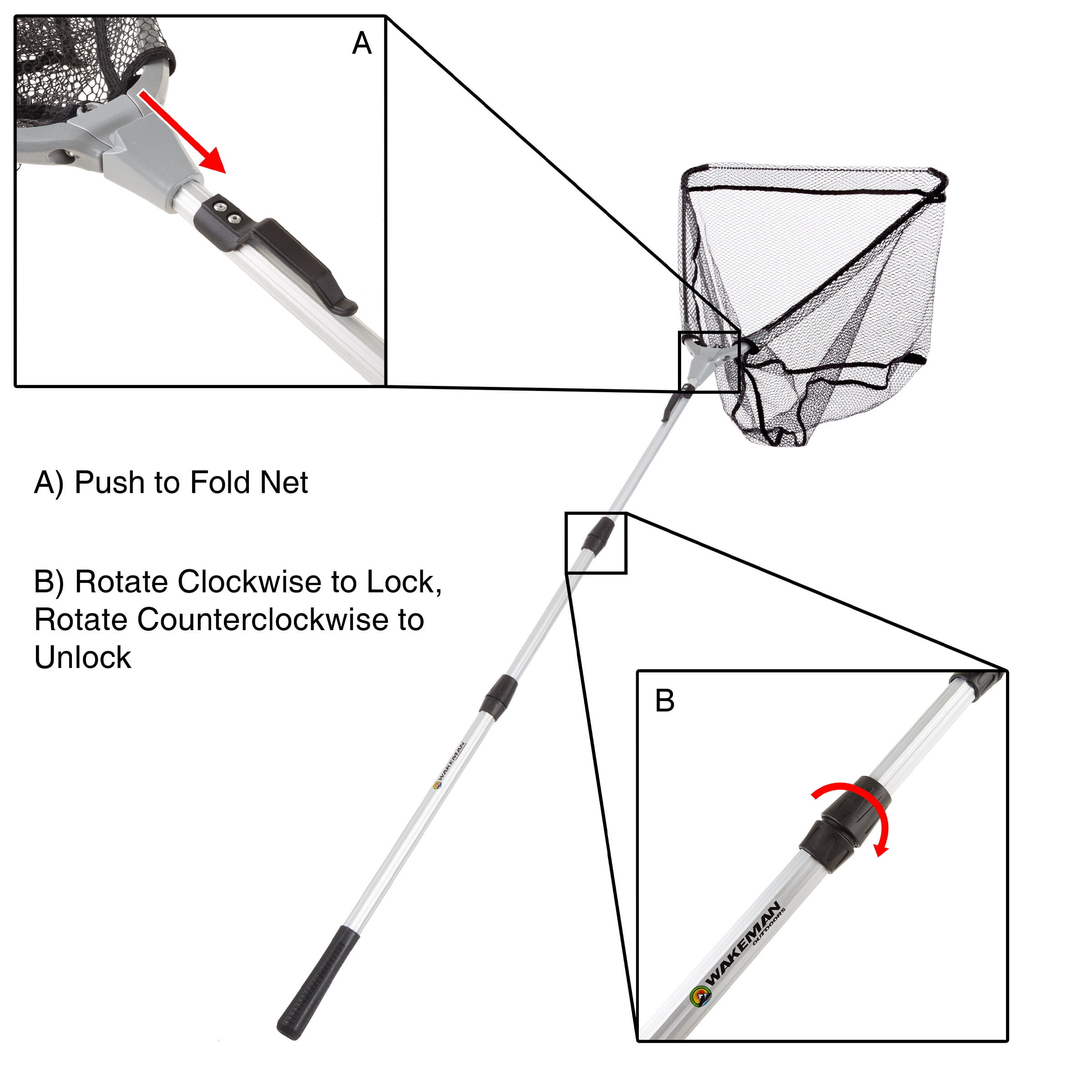 Fishing Net with Telescoping Handle- Collapsible and Adjustable Landing Net with Corrosion Resistant Handle and Carry Bag By Wakeman Outdoors (80”)