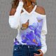 thumbnail image 2 of Moda mujer Casual manga larga fuera del hombro Halter cuello en V estampado de mariposa Top blusa Pompotops  gfhjh22984, 2 of 5