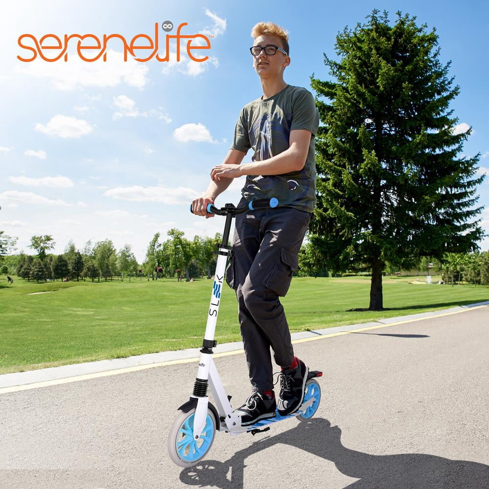 SereneLife 2-Wheel Folding Kick Scooter - Compact Foldable Riding Scooter for Teens w/ Adjustable Height, Alloy Anti-Slip Deck, 9” Wheels, Mud Guard Front Wheel, For Kids Boys/Girls 12+Yrs Old (Black)