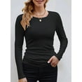thumbnail image 3 of Womens Ribbed Long Sleeve Crewneck Casual Slim Basic Shirts Fitted Knit Tops Black XL, 3 of 6