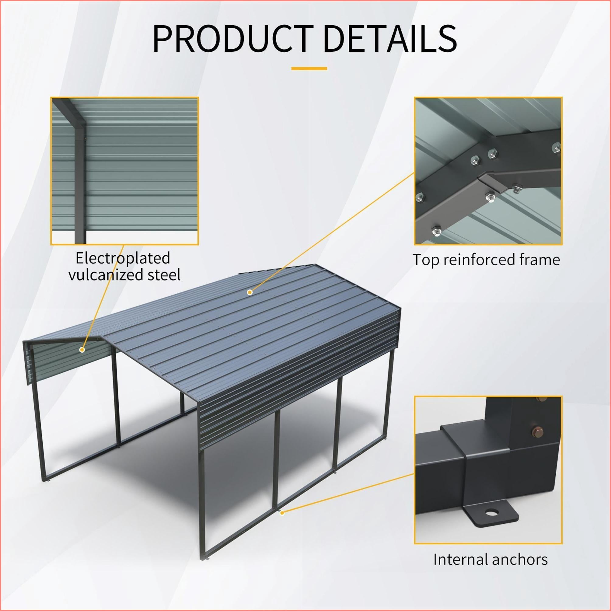 Carports, 10 x 15 FT Modern Heavy Duty Galvanized Steel Carport for Driveway, Outdoor Parties Boat Storage | Gray | Steel