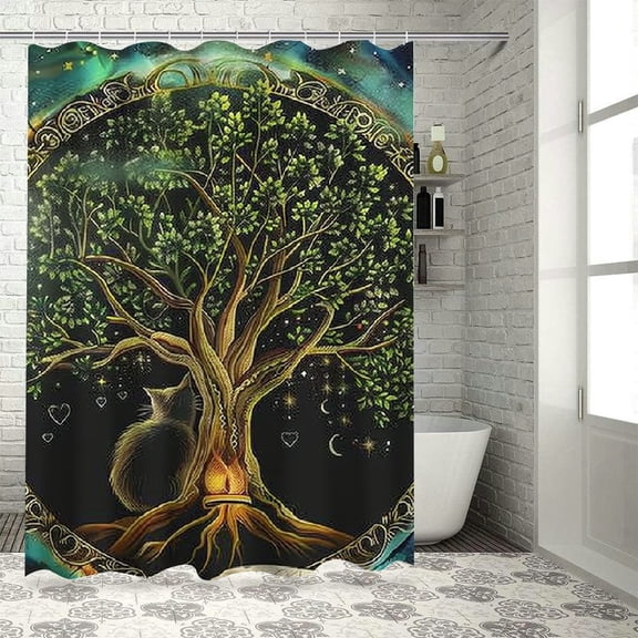 Orinice Tree of Life Moon Cat Bathroom Decor Set Colorful Luxurious Polyester Fabric Shower Curtain with Hooks 36x72