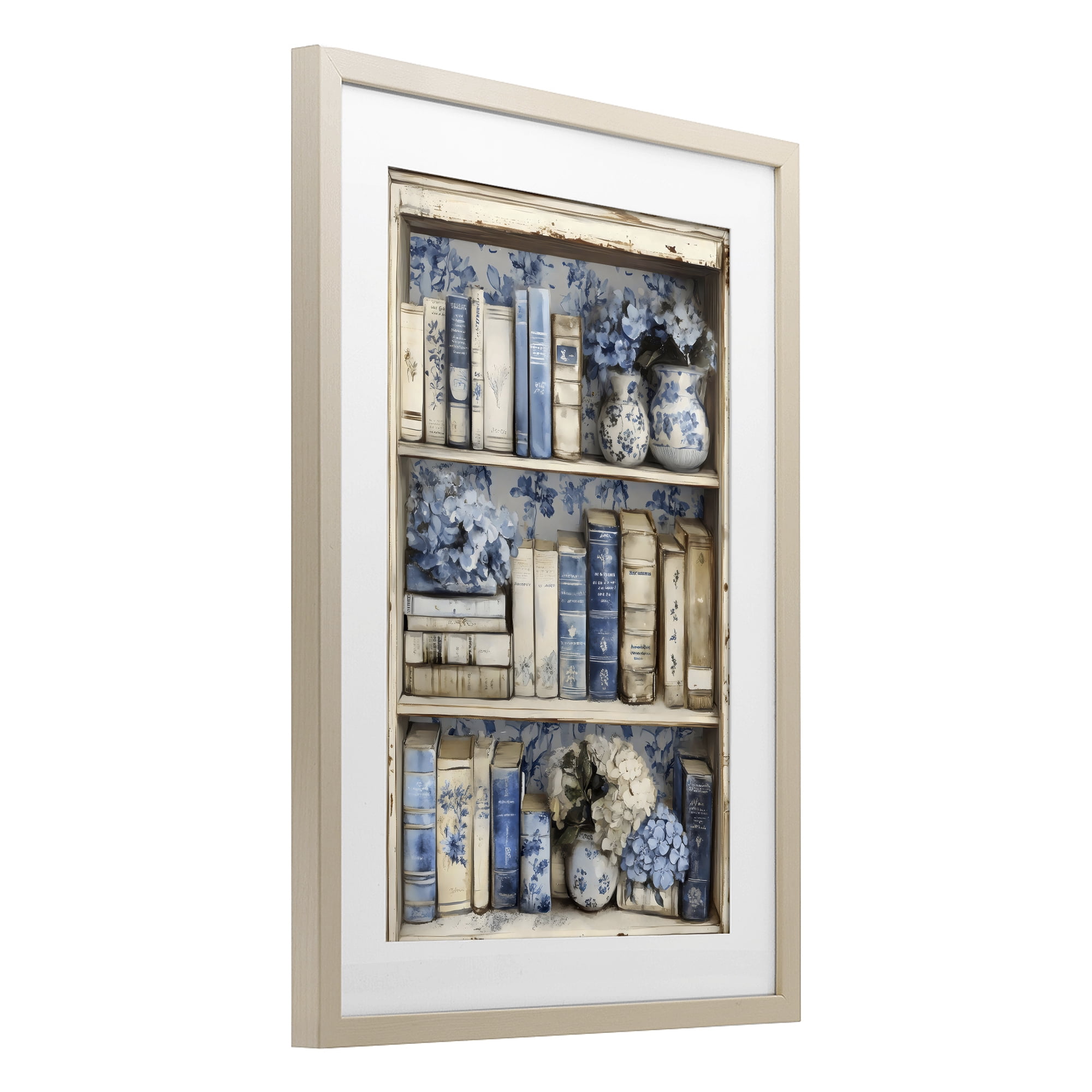 Stupell Industries Blue & Beige Bookcase Birch Framed Print Under Glass, design by LSR Design Studio