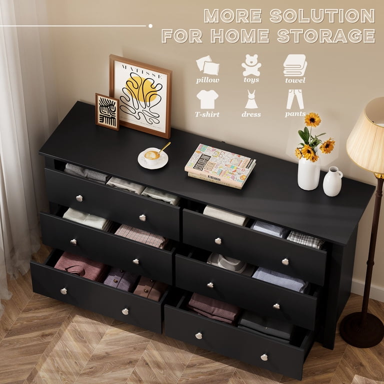 Vineego Rustic Modern Chest of 6 Drawers,Extra Wide Double Dresser for Master Bedroom or Nursery Storage,Black, Adult Unisex, Size: One Size