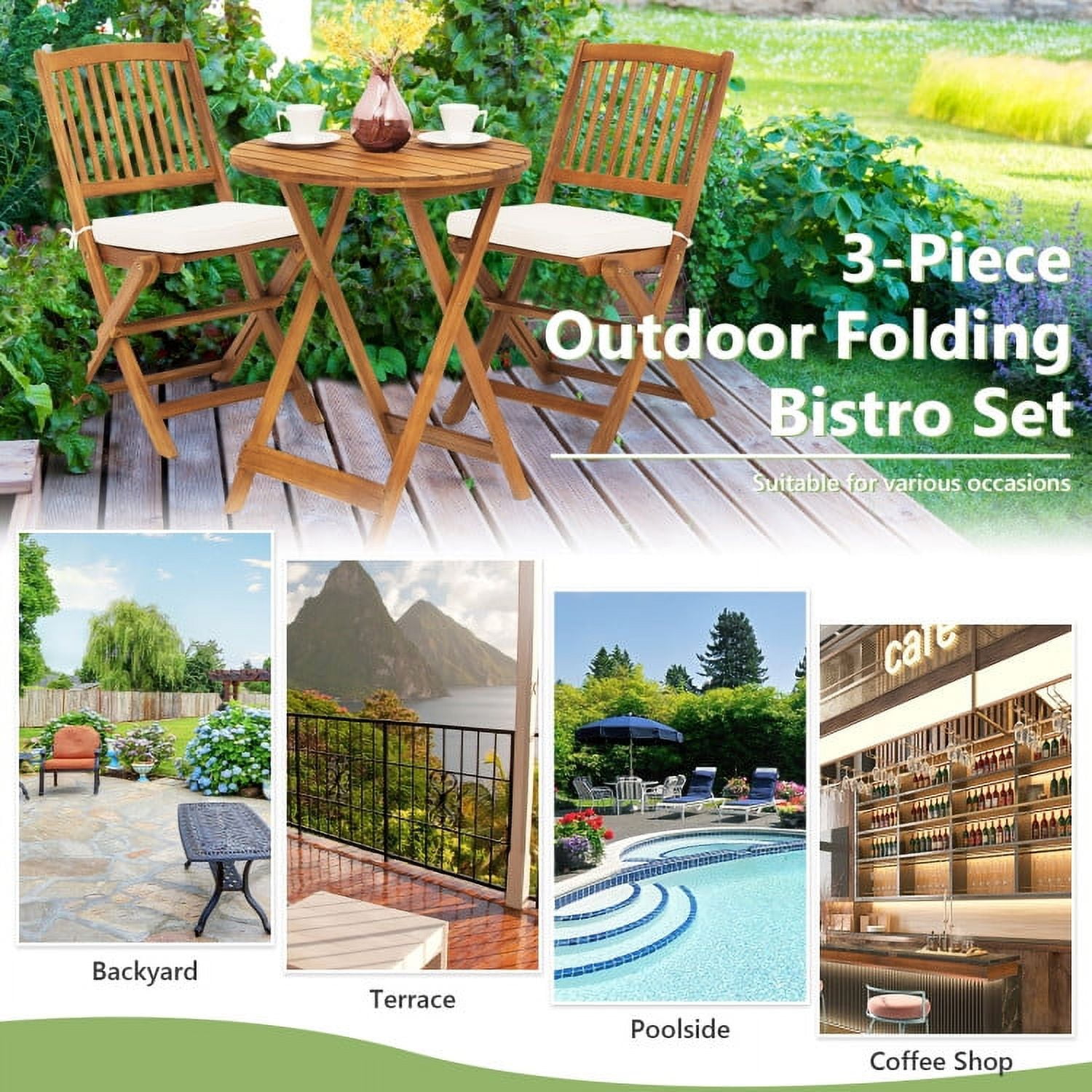 Aimee Lii 3 Pieces Patio Folding Bistro Set with Padded Cushion and Round Coffee Table, White