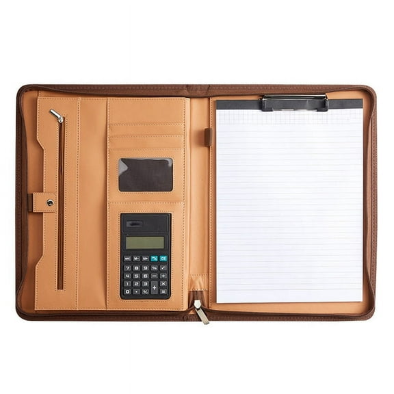 Leather Portfolio Folder with Zipper for Women/Men, Business Padfolio with Handle, Conference Notepad Folder Browm