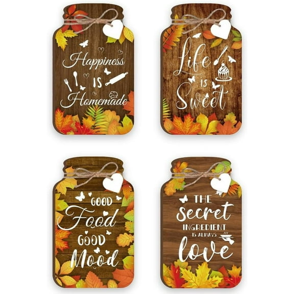 4 Pcs Kitchen Wall Decor Mason Jar Set Fall Maple Wooden Signs with Heart Chip and Hemp Rope Inspirational Kitchen Decor for Dining Room Kitchen Wall Decor 3.5x5.9inch(9x15cm)
