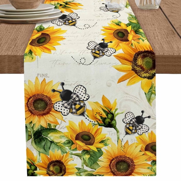 nqOlkjepod Sunflower Leaves Table Runner 48 Inches Long Farmhouse Dress Scarves, Bee Spring Retro Farmhouse Dining Tablerunner for Coffee Table/Kitchen Island/Party Décor, 13" x 48"