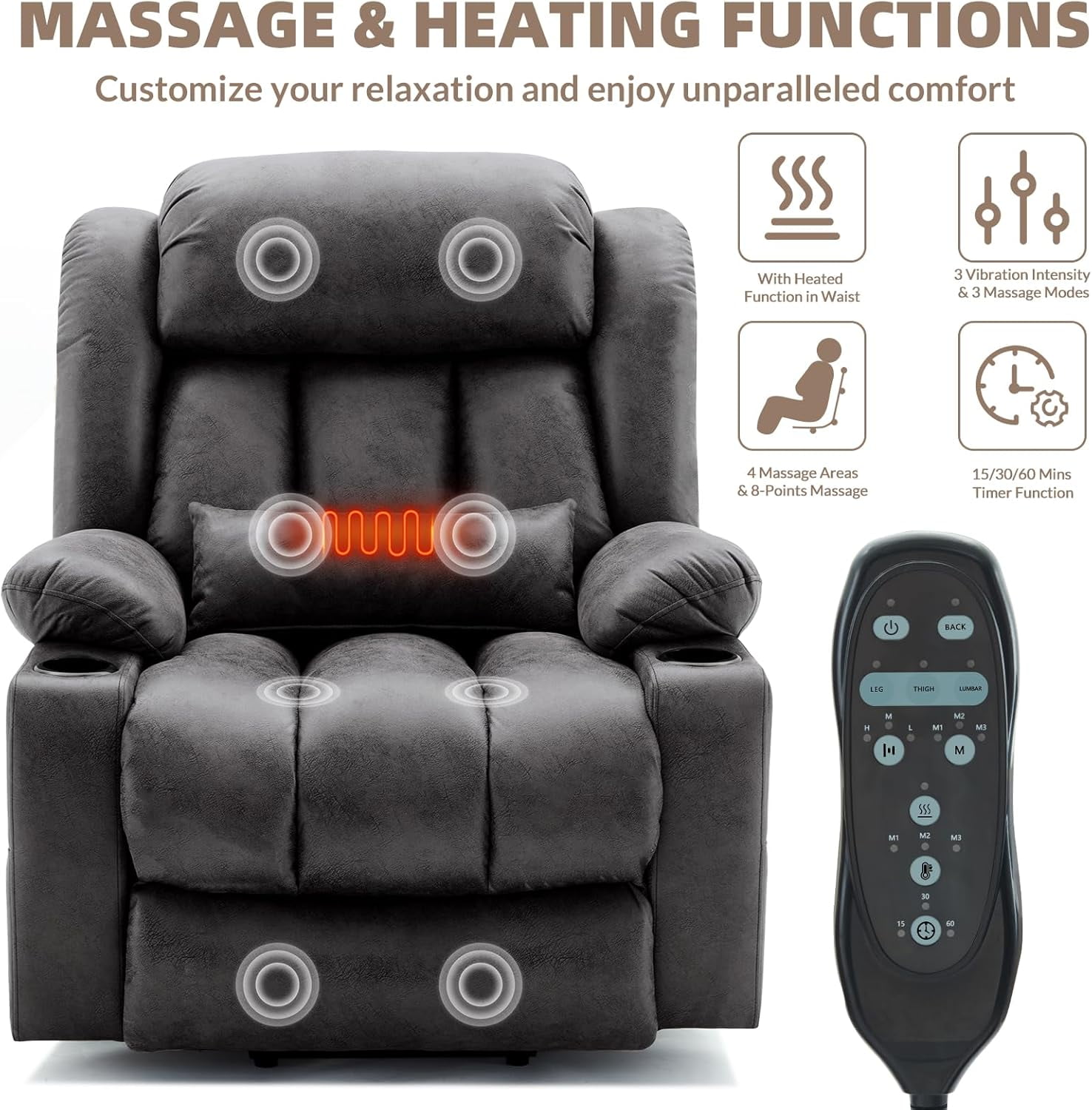 EPICOZY Oversized Dual Motor Power Lift Recliner Chair with Extended Footrest for Big tall Man, Lay Flat Sleeper Electric Recliner with Massage and Heat, Lumbar Pillow, USB & Type-C Port, Gray