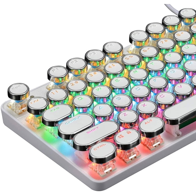 Teclado mecánico para juegos estilo máquina de escribir con interruptor azul retroiluminado con LED RGB y arcoíris, teclas redondas Steampunk retro para PC con Windows Gaming (87 teclas),