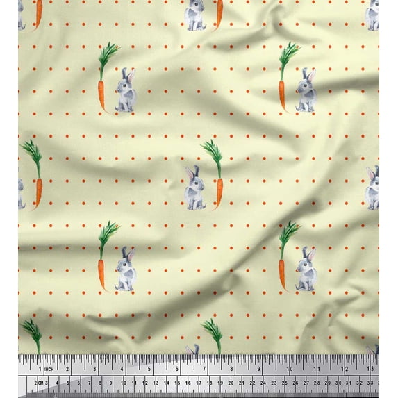 Soimoi Rayon Crepe Fabric Carrot & Rabbit Dots Print Sewing Fabric Yard 46 Inch Wide